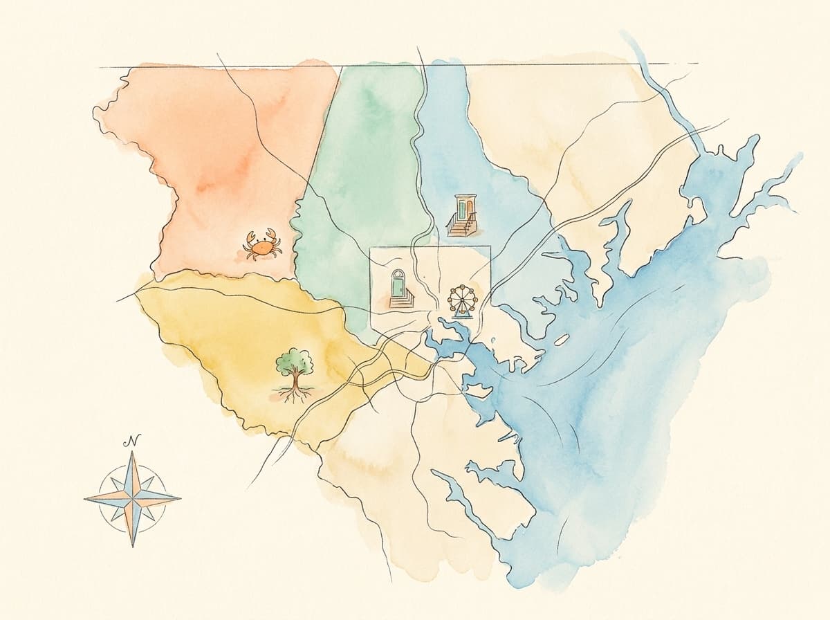 A hand-drawn watercolor map of the five areas Bmore Families covers: Baltimore City, Baltimore County, Anne Arundel, Howard, and Harford.